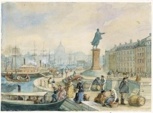 Johan Tobias Sergels staty över Gustaf III på Skeppsbron, Stockholm. Målning av Fritz von Dardel 1860