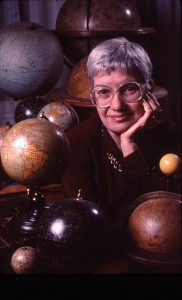 Catalog Number: Rubin Vera A2 Portrait of Vera Rubin with globes. Credit: Photograph by Mark Godfrey, courtesy AIP Emilio Segre Visual Archives 1 slide (RGB; 35 mm)