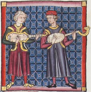 En guitarra latina (vänster) och en guitarra morisca (höger), Spanien, 1200-talet.