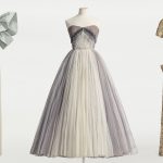 Puderrosa klänning av sidencrêpe (1961), axelbandslös balklänning (1957) och aftonklänning av guldspets (ca 1941).
Foto: Helena Bonnevier/Nordiska museet